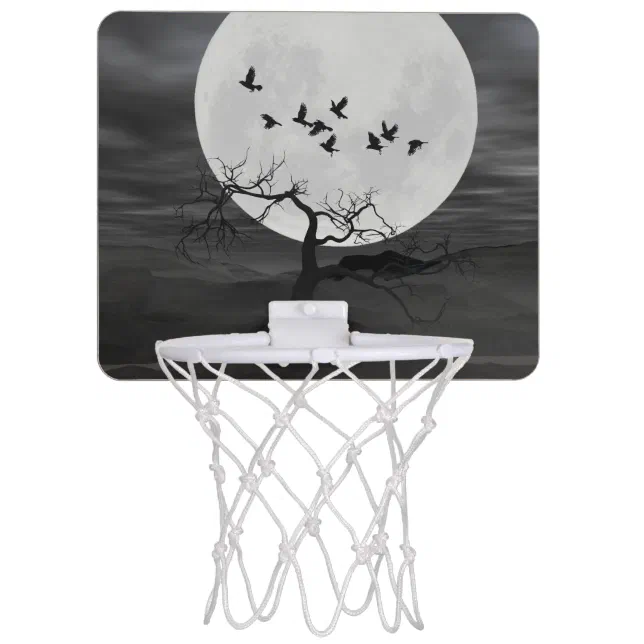 Spooky Ravens Flying Against the Full Moon Mini Basketball Hoop