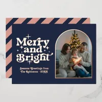 Dark Navy & Rose Gold Modern Retro Christmas Photo Foil Holiday Card