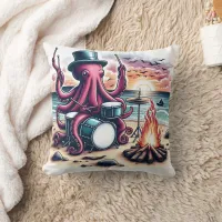 Octopus Drumming by a Beach Campfire at Sunset Throw Pillow