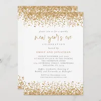 Glam Gold Glitter New Years Eve White Invitation