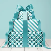 Blue Happy Face Stripes and Polka Dot Wrapping Paper Sheets