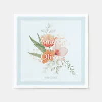 Blue Peach Apricot Flowers Personalized Wedding Napkins