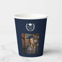 Elegant Navy Blue Graduate Photo Graduation Emblem Paper Cups