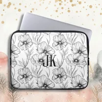 Modern Black and White Floral Monogrammed Laptop Sleeve