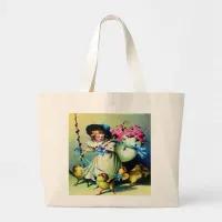 Vintage Easter Girl and Baby Chicks Large Tote Bag