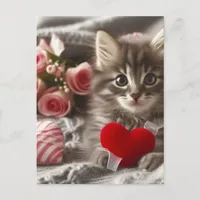 Adorable Valentine Fluffy Grey Kitten AI Art Postcard