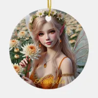 Beautiful November Fairy in Chrysanthemums Ceramic Ornament