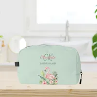 Pink flamingo tropical sage green bridesmaid dopp kit