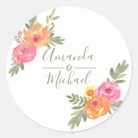 Spring Wedding watercolor flowers Classic Round Sticker