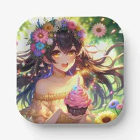 Pretty Anime Girl's Birthday Cupcake Paper Plates