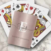 Modern Rose Gold Brushed Metal Script Monogrammed Poker Cards