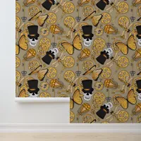 Steampunk Skulls Top Hats Gears Pattern Brown Wallpaper