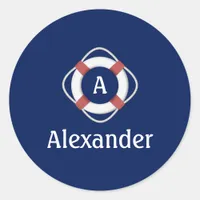 Navy Blue Nautical Lifesaver Monogram Classic Round Sticker