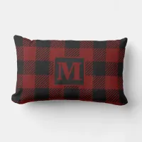 Rustic Red Buffalo Plaid Farmhouse Monogram Lumbar Pillow