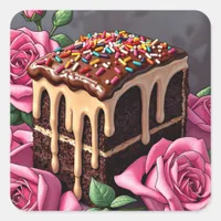 Yummy Chocolate Birthday Cake with Sprinkles Square Sticker