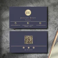 Elegant Navy Blue and Gold Shiny Circle Monogram Business Card