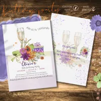 Vibrant Watercolor Floral Champagne Birthday Party Invitation