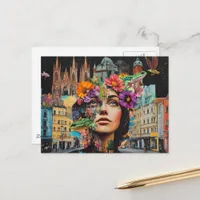 The Lady in a City Collage Flowers Frogs Birds Postcard