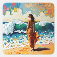 Woman on Beach Abstract Seaside Art Square Sticker