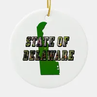 State of Delaware Picture Text & Map Outline Ceramic Ornament