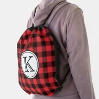 Custom Black & Red Buffalo Plaid Drawstring Bag