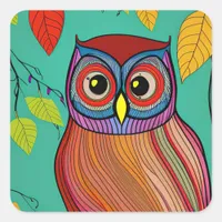 Quirky Colorful Folk Art Abstract Owl Square Sticker