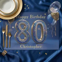 Blue Gold Glitter 80th Birthday Paper Placemat