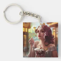 Woman Eating A Banana Split Keychain