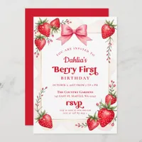 Pink Bow Strawberry Birthday Berry First Birthday Invitation
