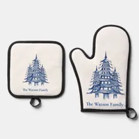 Blue Custom Pagoda Christmas Trees  Oven Mitt & Pot Holder Set