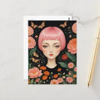 Pink Hair and Flowers Postcard