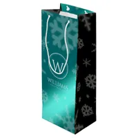 Festive Light Blue Foil Snowflakes Monogram Name Wine Gift Bag