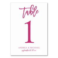 Wedding Modern Casual | Brush Script (Magenta) 1 Table Number