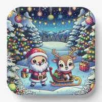 Cute Cartoon Santa and Reindeer Christmas Paper Plates