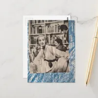 Woman in the library in the 1930s era collage postcard