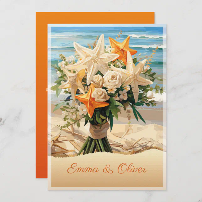 Beach Wedding Starfish Bouquet Invitation Card