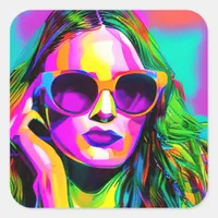 Pretty Woman in Sunglasses Unique Modern Art Square Sticker