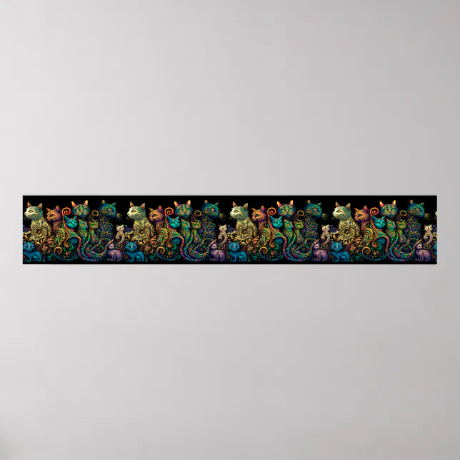 Stylized Cat Tribe Colors on Black Frieze Poster