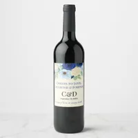 Navy Royal Bue Wedding Watercolor Ivory Flowers Wine Label