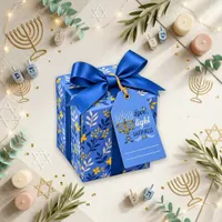 Festive Blue Floral Menorah Hanukkah Gift Tags