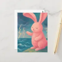 Surreal Pink Bunny Calms the Thunderstorm Postcard
