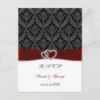 damask diamante red wedding RSVP Invitation Postcard