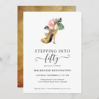 Stepping Into 50 Chic Floral Gold Heels Birthday Invitation