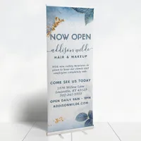 Blue Gold Watercolor Botanical Leaves Business Retractable Banner