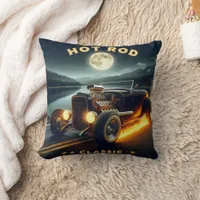 Classic hot rod cruising by moonlit lake at night throw pillow