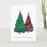 Hand Painted Sparkly Watercolor Christmas Trees Holiday Card