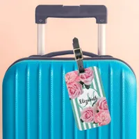 Pink florals green white stripes monogram luggage tag