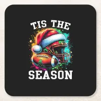 Tis The Season Football Mom Christmas Santa Hat Co Square Paper Coaster