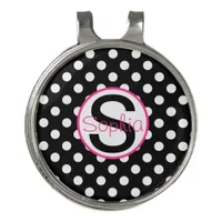 Pink and Black, Name and Initial with Polka Dots Golf Hat Clip