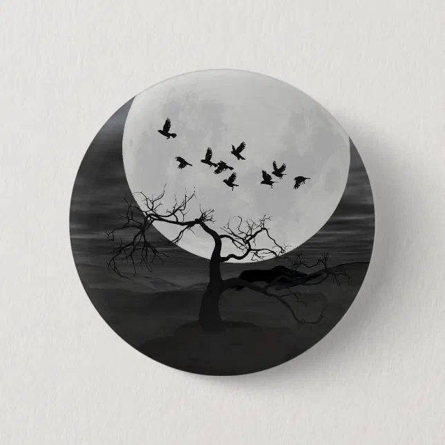 Spooky Ravens Flying Against the Full Moon Pinback Button